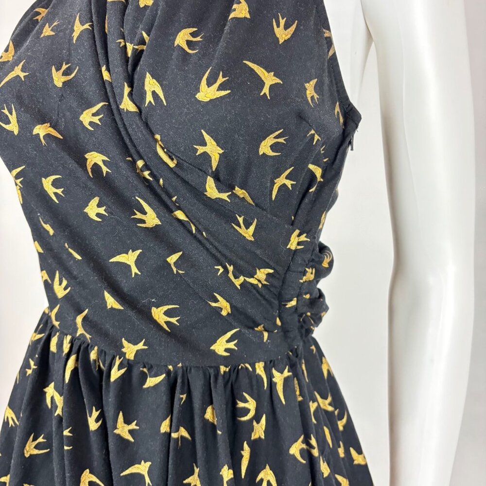 Dollz & Dames Halter Dress Small Gold Sparrow Bird Print Black Pin Up Sundress - Picture 8 of 15